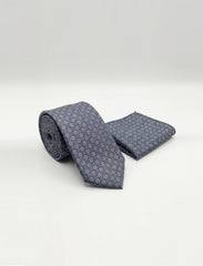 Nabeel & Aqeel Grey and Black Medallion Floral Pattern with Red Dots Tie With Pocket Square