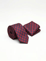 Nabeel & Aqeel Red and Navy Blue Checker Board Pattern Tie with Pocket Square