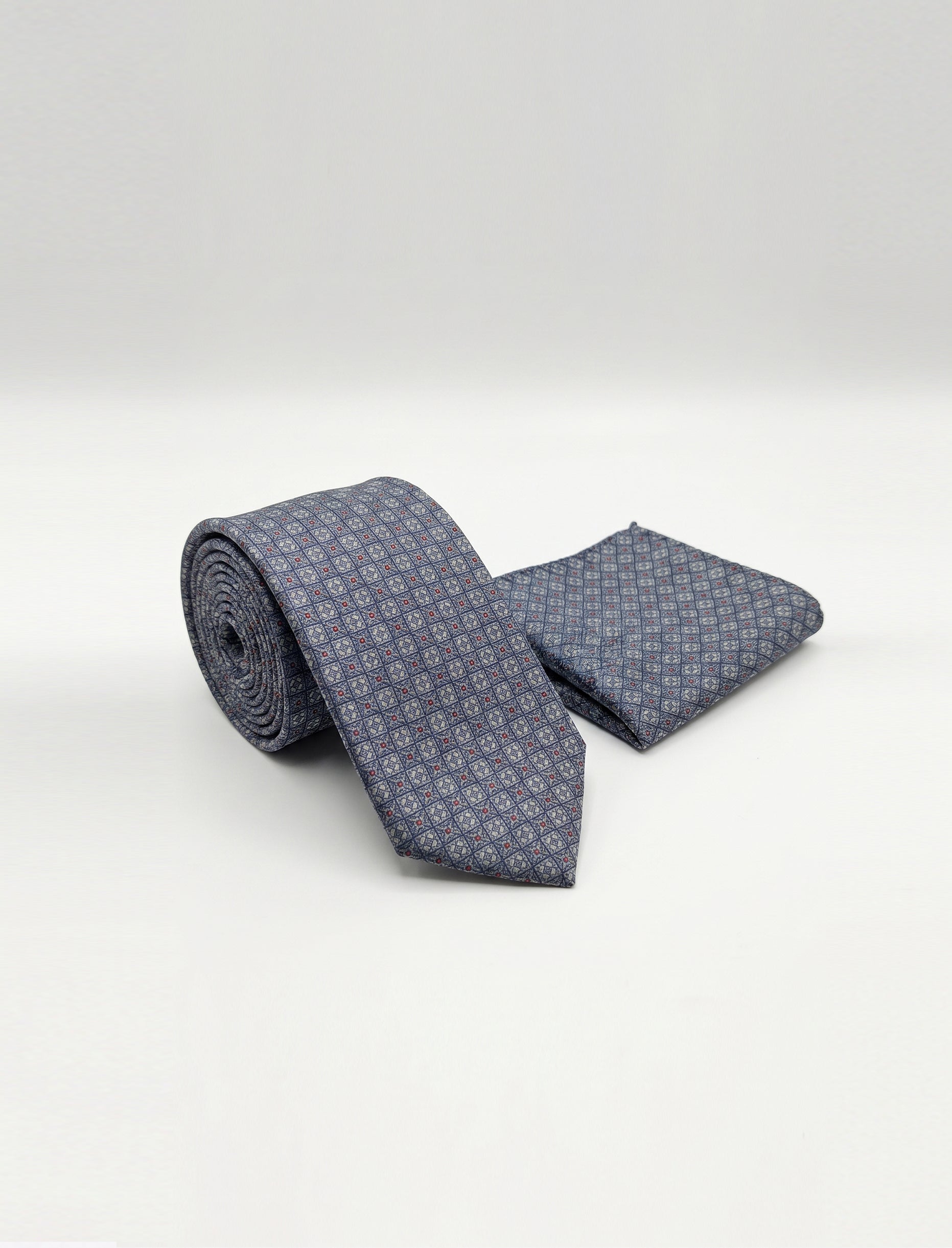 Nabeel & Aqeel Grey and Black Medallion Floral Pattern with Red Dots Tie With Pocket Square