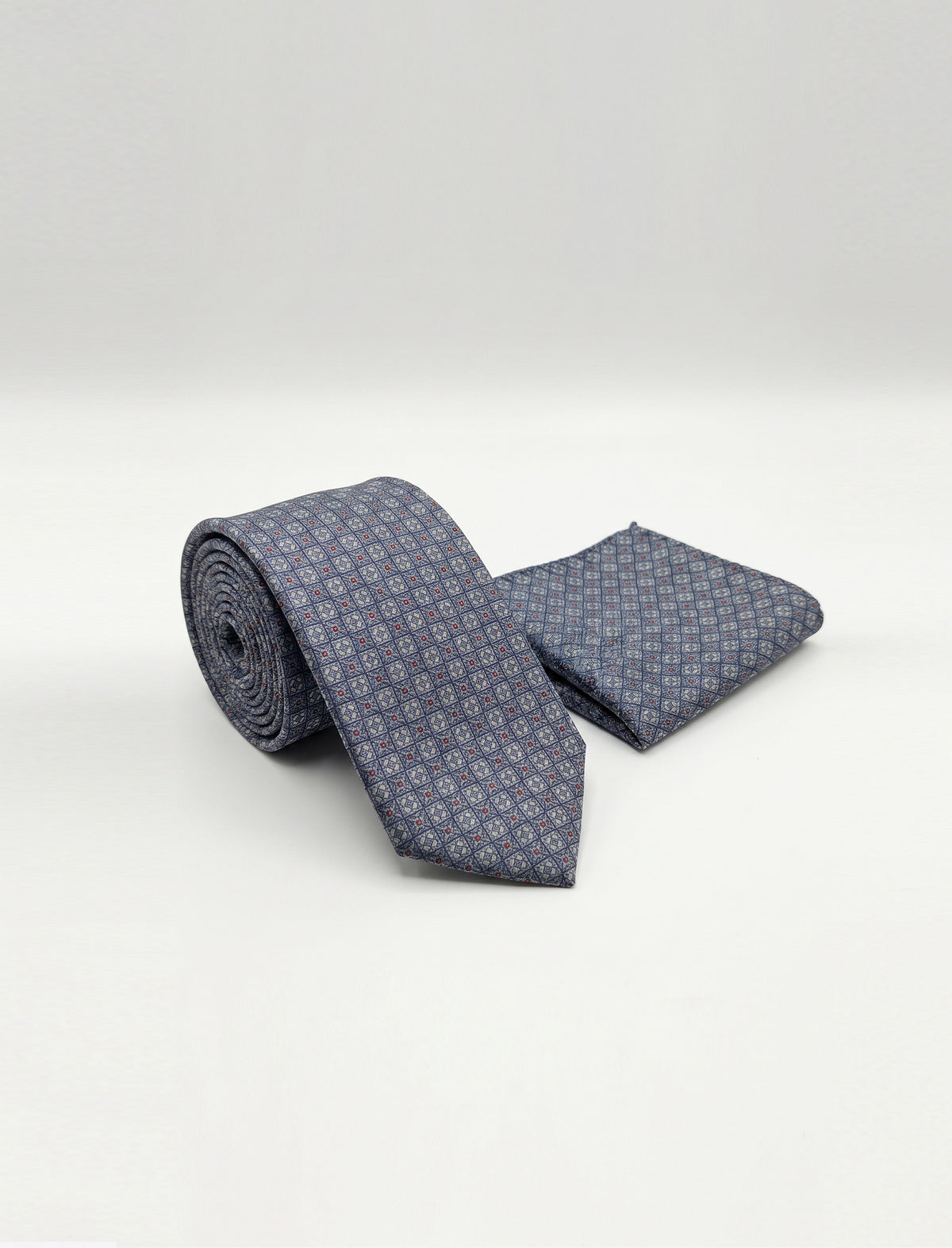 Nabeel & Aqeel Grey and Black Medallion Floral Pattern with Red Dots Tie With Pocket Square