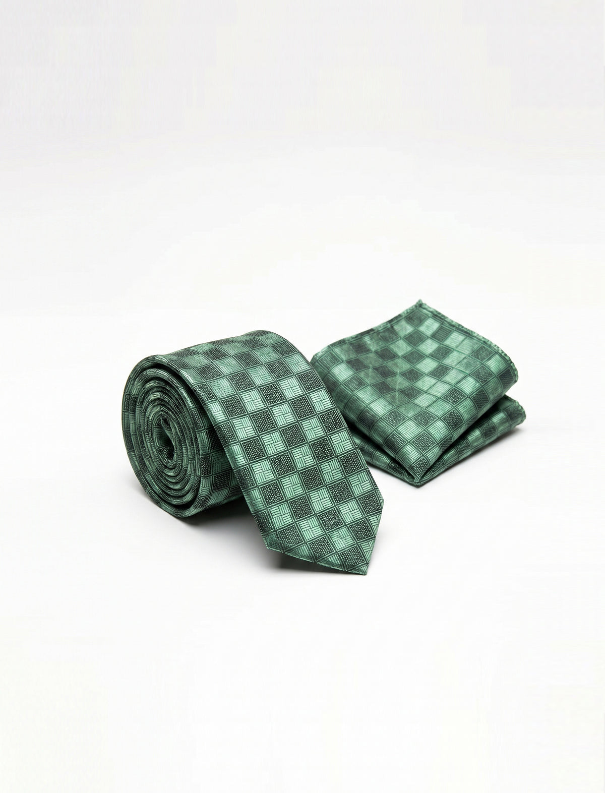 Nabeel & Aqeel Mint Green and Dark Green Checker Board Pattern Tie With Pocket Square