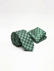 Nabeel & Aqeel Mint Green and Dark Green Checker Board Pattern Tie With Pocket Square