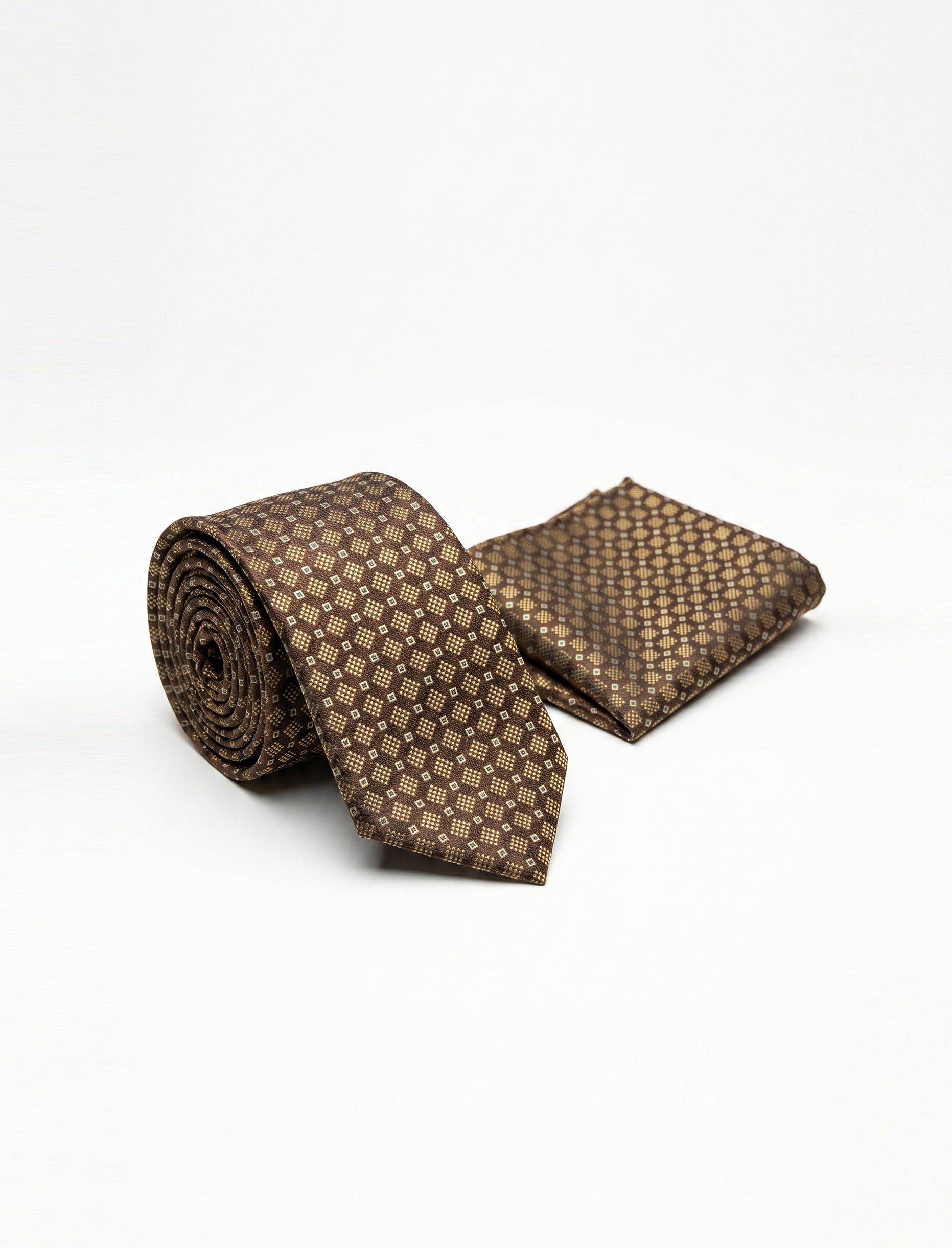 Nabeel & Aqeel Brown with Gold Beige Geometric Diamond Pattern Tie With Pocket Square