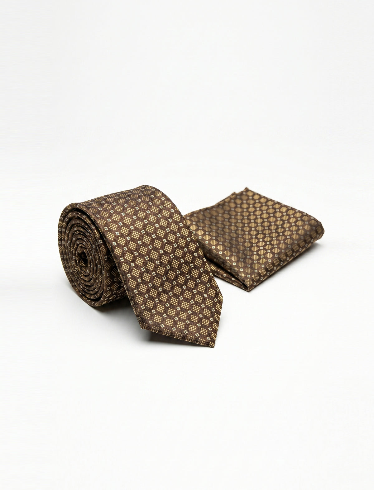 Nabeel & Aqeel Brown with Gold Beige Geometric Diamond Pattern Tie With Pocket Square