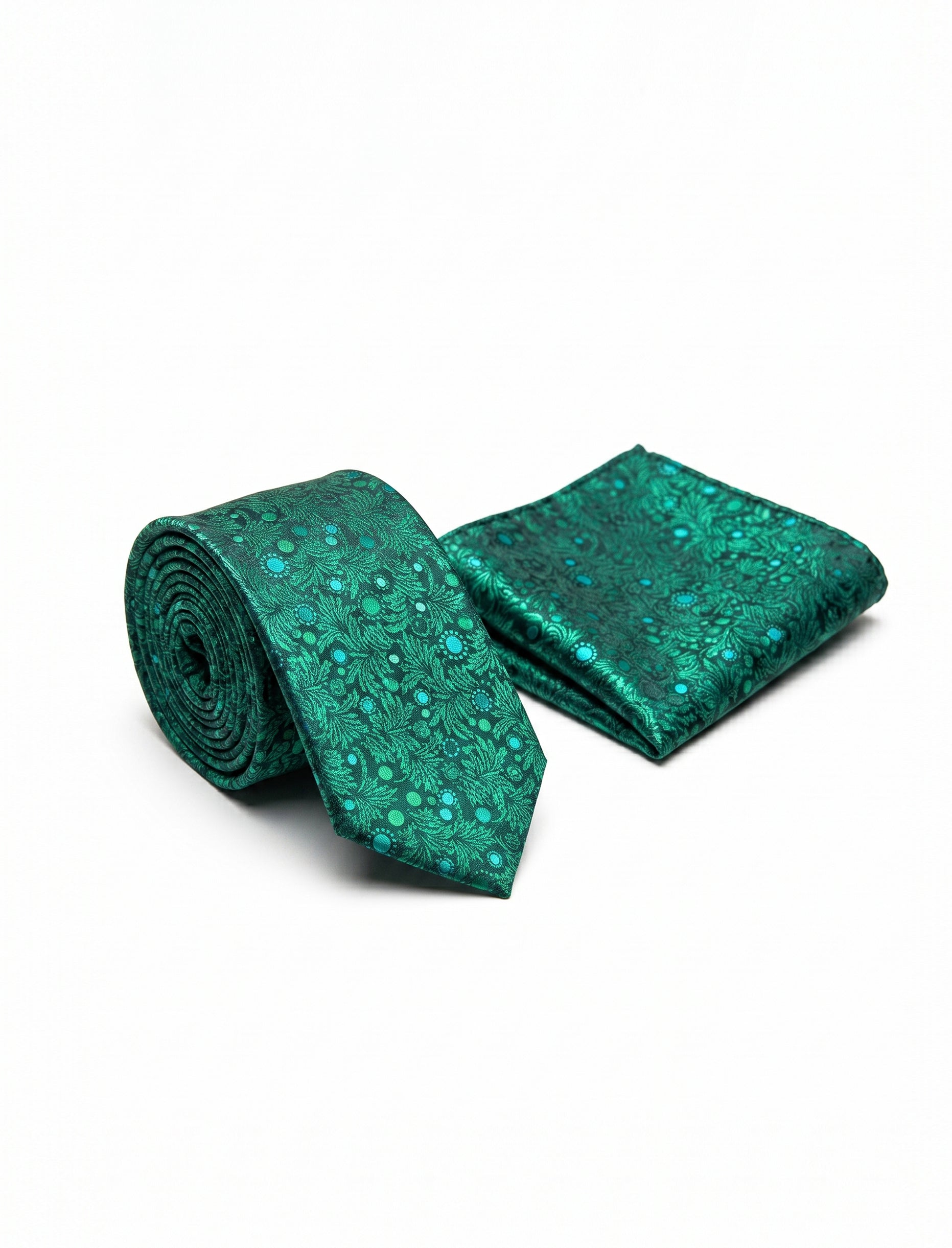 Nabeel & Aqeel Emerald Green with Turqouise and Black Intricate Floral Pattern Tie with Pocket Square
