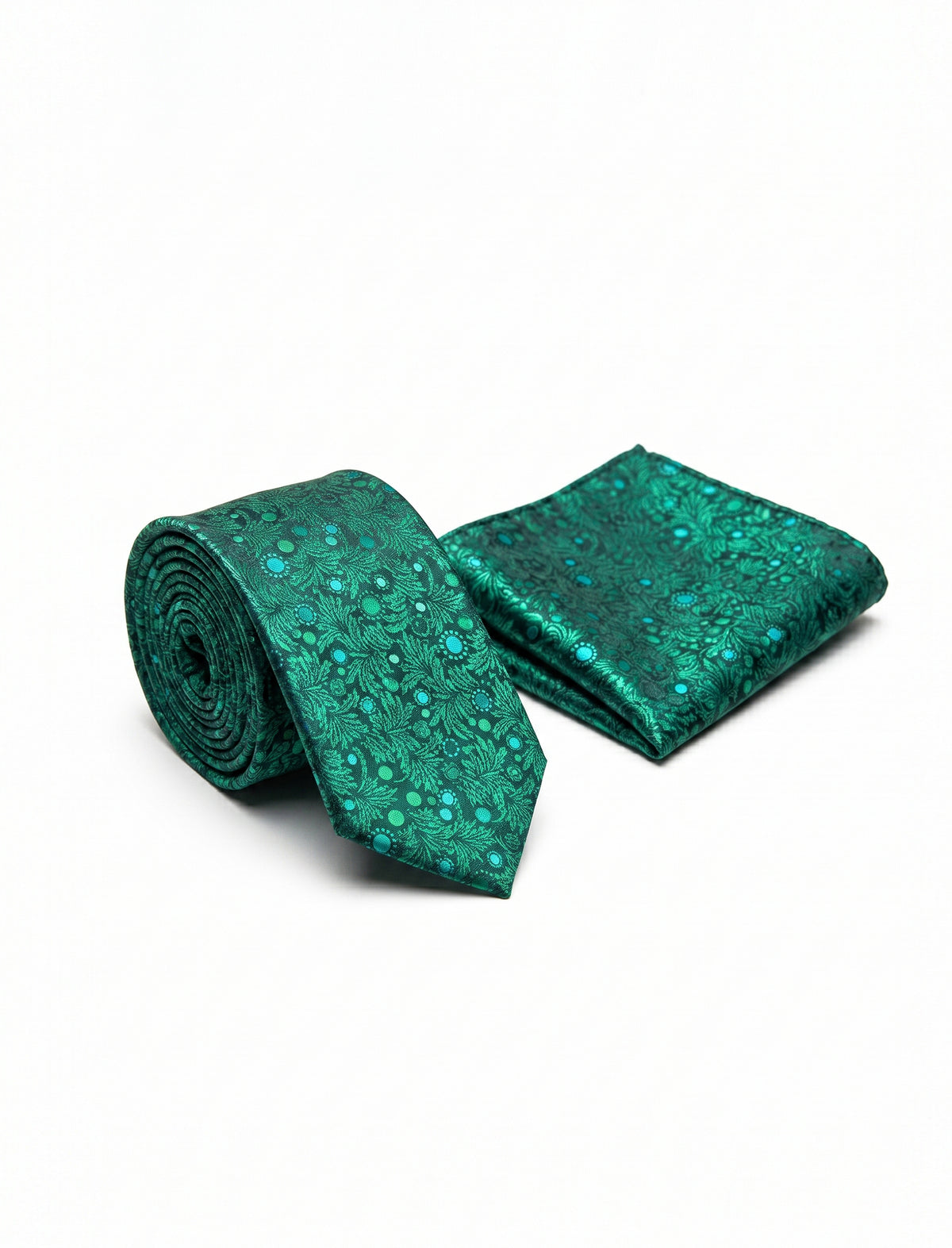 Nabeel & Aqeel Emerald Green with Turqouise and Black Intricate Floral Pattern Tie with Pocket Square