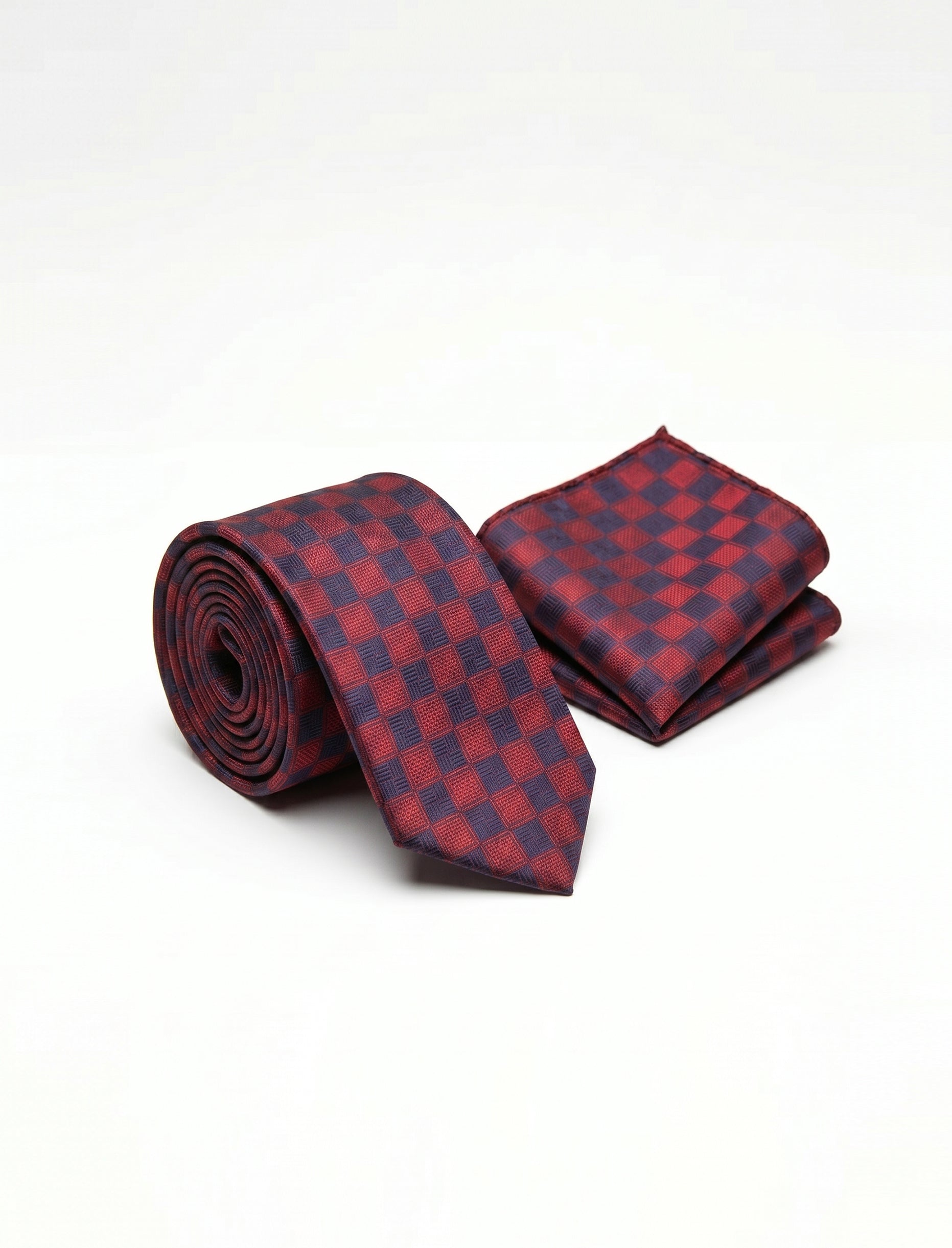 Nabeel & Aqeel Red and Navy Blue Checker Board Pattern Tie with Pocket Square
