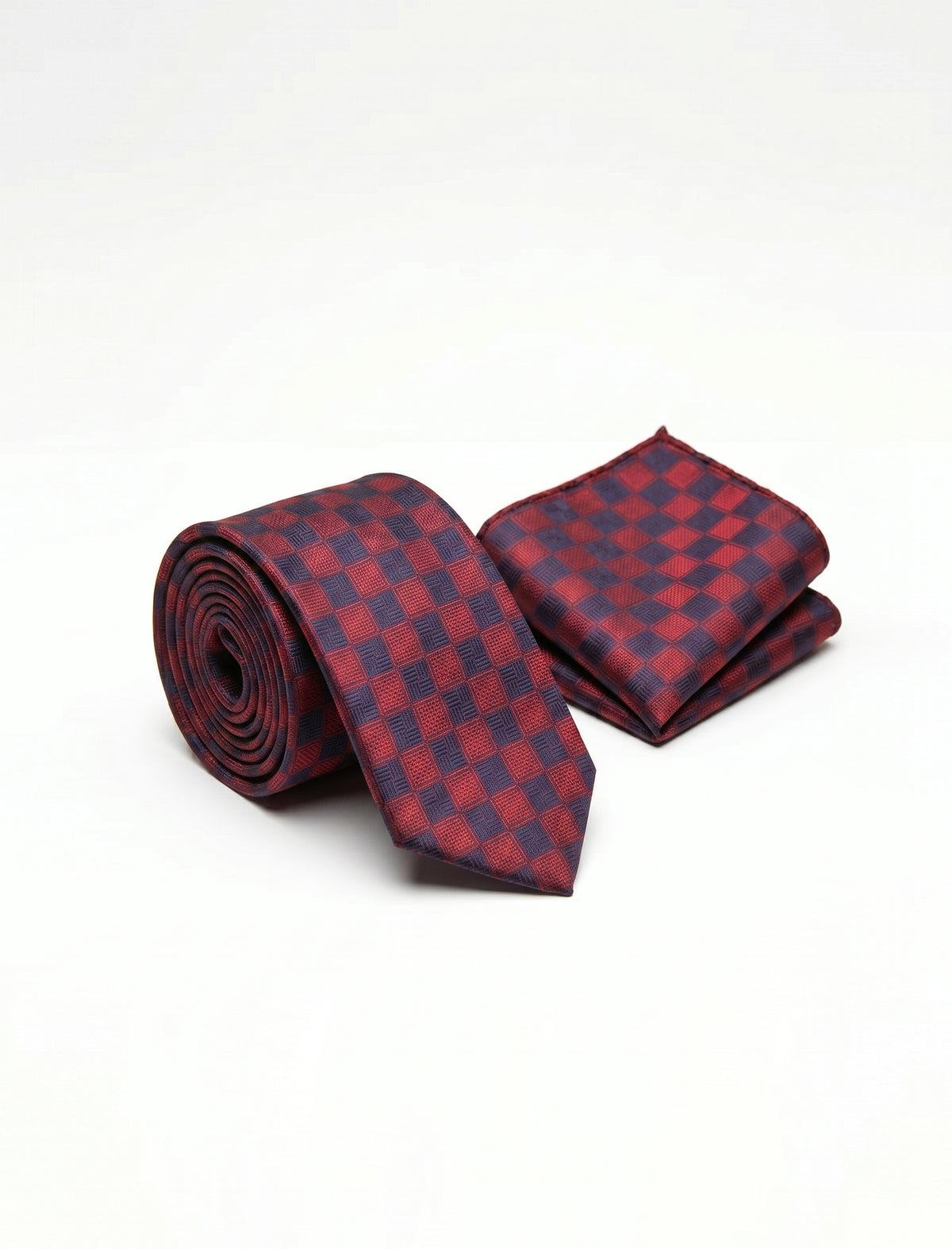 Nabeel & Aqeel Red and Navy Blue Checker Board Pattern Tie with Pocket Square