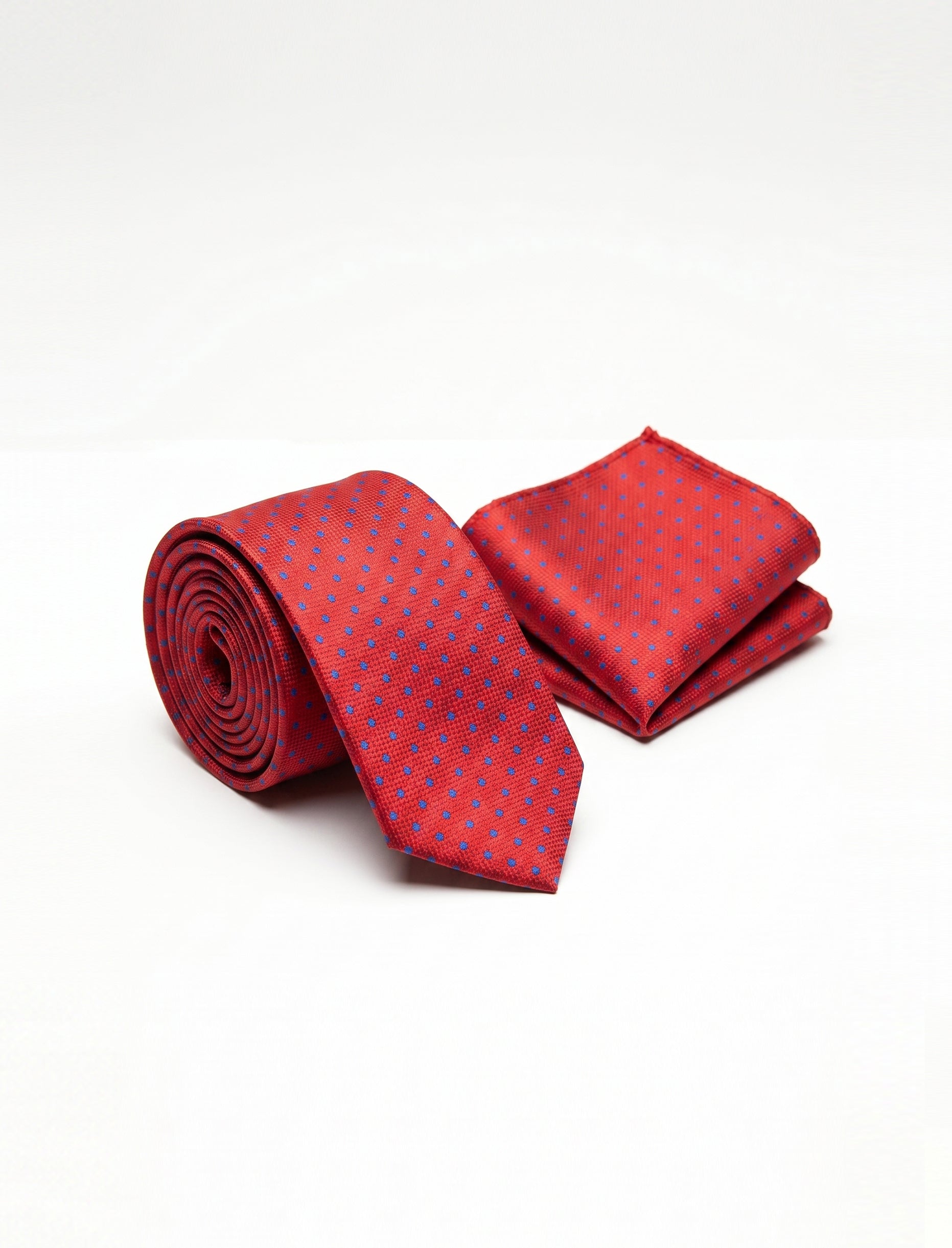Nabeel & Aqeel Red with Blue Polka Dot Pattern Tie with Pocket Square