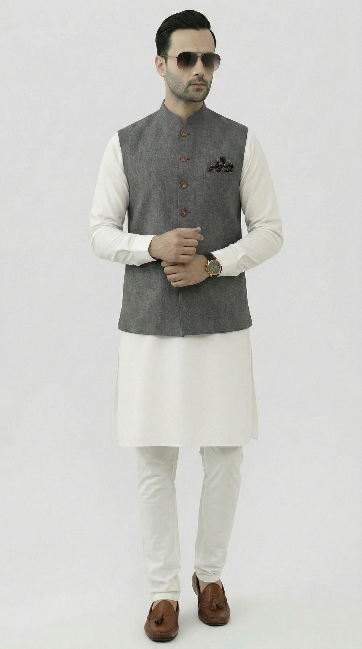 Nabeel & Aqeel Steel Grey Textured Waistcoat