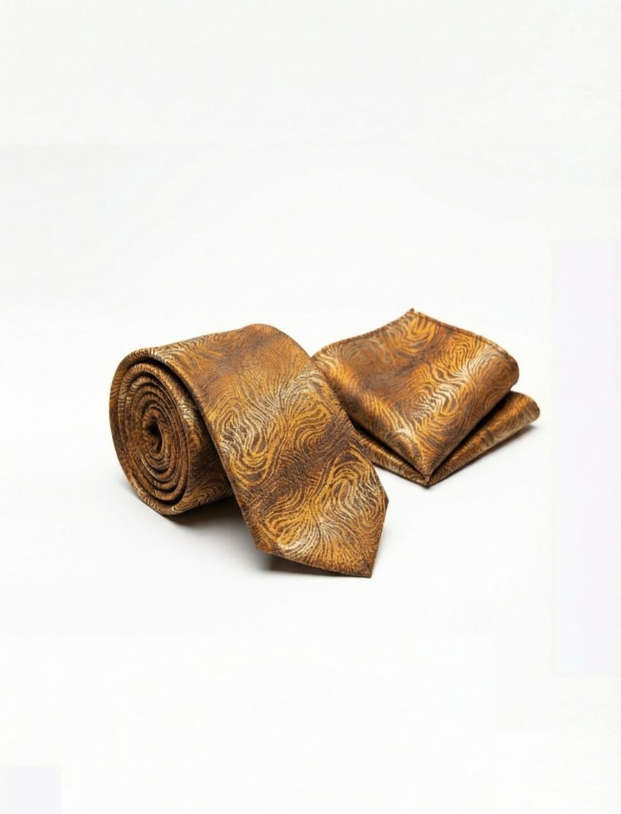 Nabeel & Aqeel Golden Brown Tie With Pocket Square